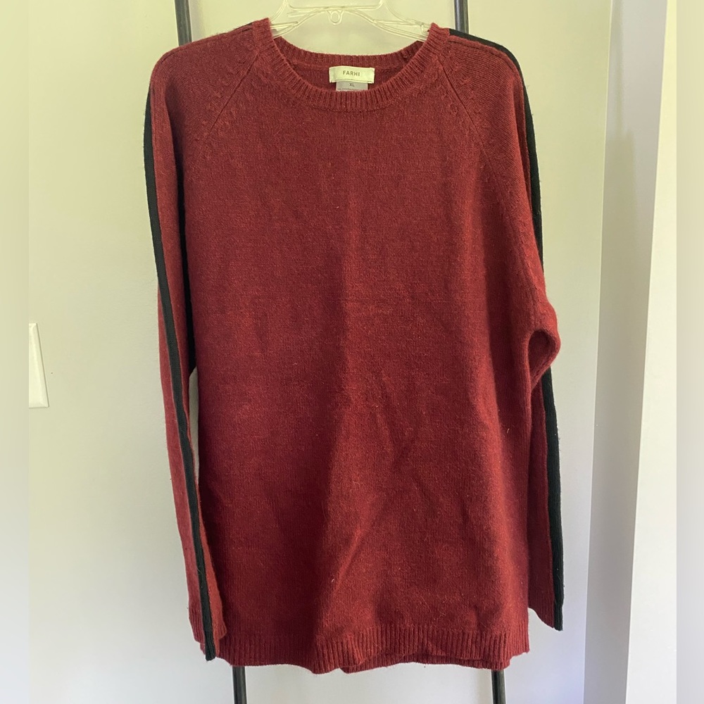 Farhi dark maroon sweater, black stripe detail from shoulder to the sleeve. XL